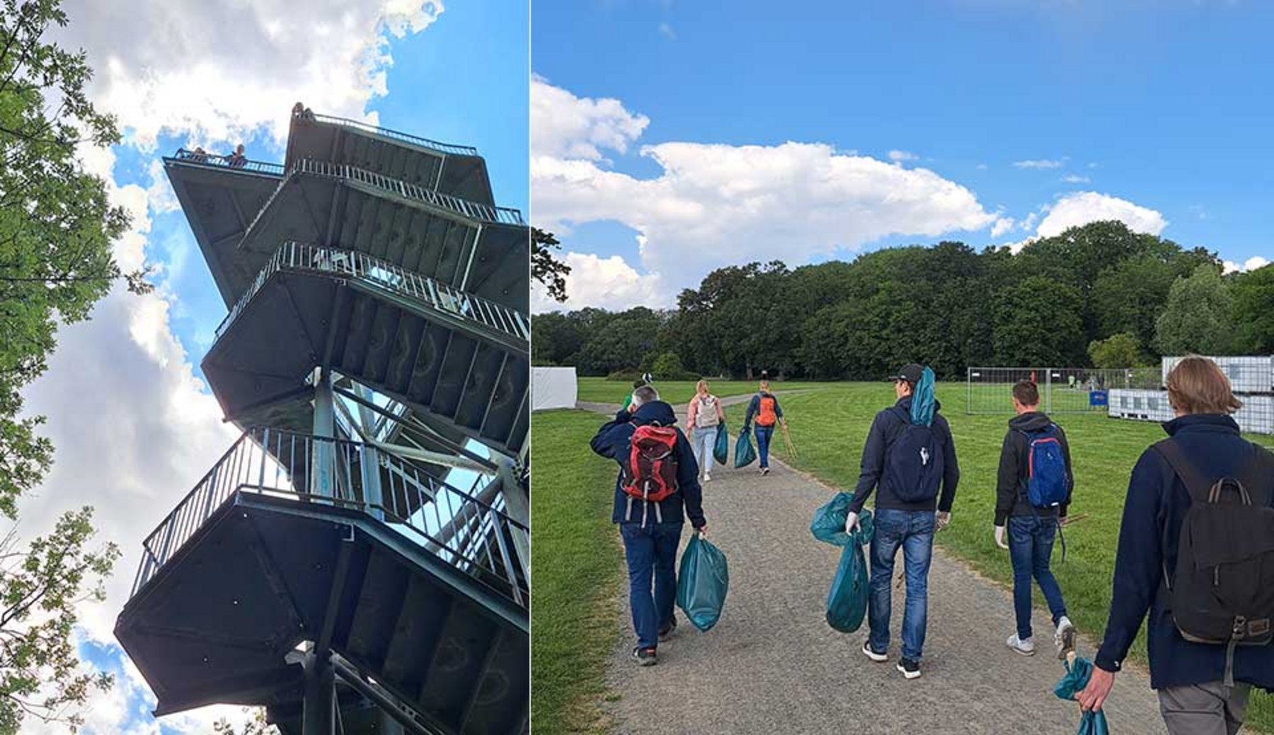 Mehrere Personen sammeln am Wackelturm Rosenturm Müll ein Wackelturm_Rosental_Muellsammelaktion_Brillant.jpg